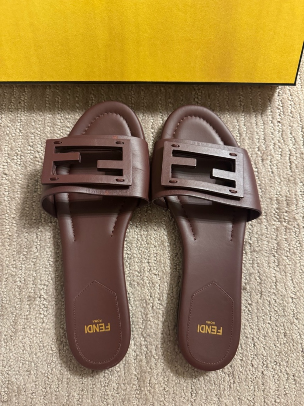 Fendi Brown FF Cutout Leather Slide Sandals - Picture 2 of 7